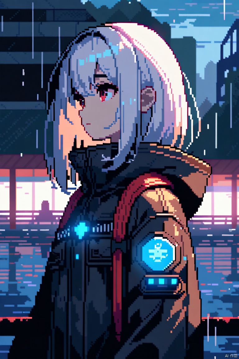 ((pixel art)),masterpiece, best quality, cinematic lighting,soft lighting,(1girl :1.3),morning,red eyes,beautiful white hair,(TechWear :1.1),transparent raincoatblack gloves,Black coat,(with red ornaments:1.05),(with blue ornaments:1.03),looking to the side,flat chest,raining,beautiful detailed water,beautiful detailed sky,ruins


