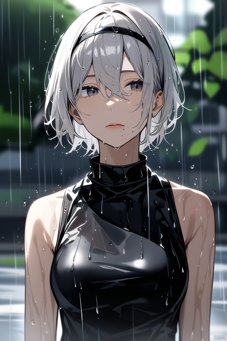 score_9, score_8_up, score_7_up, 1girl, solo, breasts, short hair, dress, bare shoulders, medium breasts, closed mouth, upper body, white hair, hairband, sleeveless, mole, blurry, black dress, lips, wet, depth of field, blurry background, turtleneck, phone, cellphone, black hairband, wet clothes, mole under mouth, facing viewer, smartphone, rain, water drop, blindfold, wet hair, covered eyes, black blindfold, yorha no. 2 type b