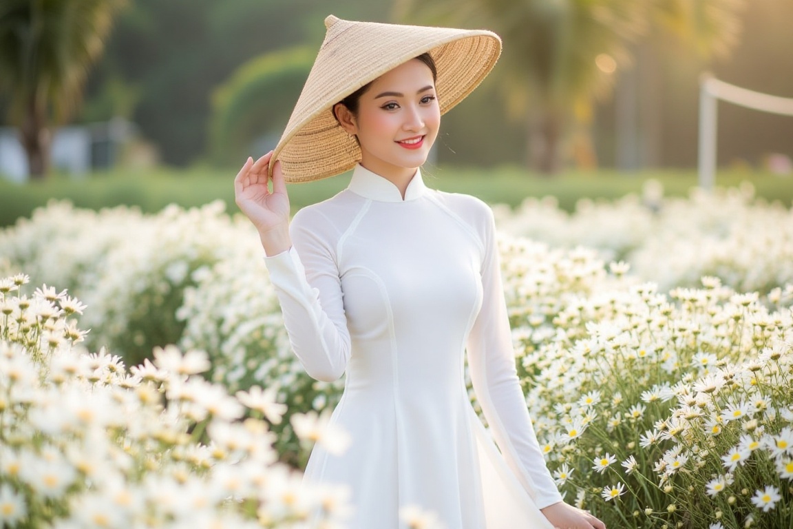 beautiful vietnamese girl,  white ao dai,  conical hat on Tensor.Art