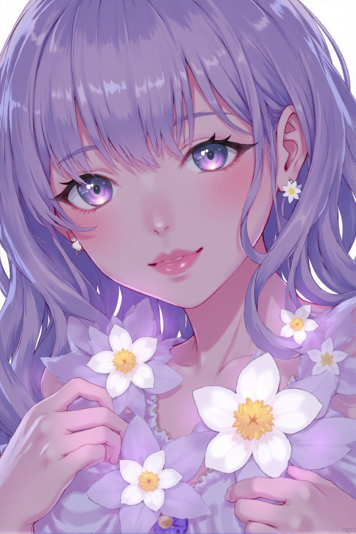 Masterpiece,Dazzling multicolored light,ultra detailed,A girl.,In the flowers,**** a sleeping princess,Earrings,White feather tulle,Long white eyelashes,Extra-long hair is slightly curly,White hair,(Hair takes up the entire frame),a charming face,Glowing lips,clavicle,Shoulder exposure,Floating petals,Dreamy and beautiful,The characters are thick and painted.,Fine strokes,Wallpaper,The background is graded with white and purple,anime aesthetic,Poolcoreanime beauty,Hyperrealism,sparkle,textured skin,super detail,best quality,8k, ,