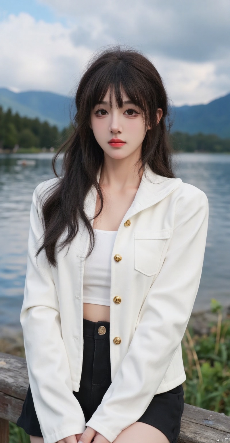 ,hhhuangunun,(person by water, mountains behind, white jacket gold buttons, white top black shorts, partly cloudy sky,best quality,4k,8k,highres,masterpiece:1.2),ultra-detailed,(realistic,photorealistic,photo-realistic:1.37),beautiful detailed eyes,beautiful detailed lips,extremely detailed eyes and face,long eyelashes,standing near water,calm expression,slightly wavy hair,soft natural lighting,serene landscape,reflective water,gentle waves,green grass,blue sky,white clouds,rich colors,sharp focus,physically-based rendering,extreme detail description,professional,vivid colors,bokeh,landscape photography,natural environment,peaceful atmosphere,tranquil scene,summer day,HDRI,studio lighting