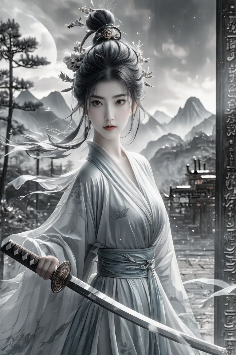 Masterpiece, best quality, ultra-detailed CG, Chinese ink wash painting style, grayscale, wuxia, elegant female warrior, graceful sword dance, dynamic pose, misty mountains in the background, soft lighting, serene composition, traditional Chinese attire, flowing hair, intricate sword movements, tranquil forest setting.