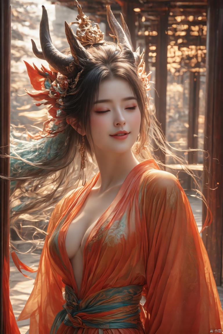 Masterpiece, best quality, ultra-detailed CG rendering of Su Daji from the Fengshen Bang, depicted as a seductive and alluring female demon. She is dressed in a revealing, elegant gown that accentuates her voluptuous figure and fair skin. Her long, flowing hair cascades down her back, and her eyes are captivatingly alluring. The scene captures her in a provocative pose, leaning in for a kiss, with her lips slightly parted and a seductive smile playing on her face. The lighting is soft and dramatic, highlighting her beauty and the mysterious aura surrounding her. The composition frames her in a luxurious, ancient Chinese palace setting, with intricate details of the surroundings adding to the overall allure.