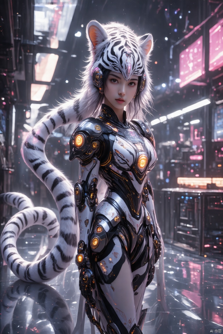 A CG-quality image of a white tiger mecha girl, meticulously detailed with studio-quality rendering. She stands on a glossy, almost reflective surface with glowing neon accents, in a dynamic pose showcasing intricate mechanical parts and bioluminescent patterns. Dramatic lighting highlights her metallic sheen and fluorescent glow. The sleek, futuristic workshop background features advanced technology and holographic displays.