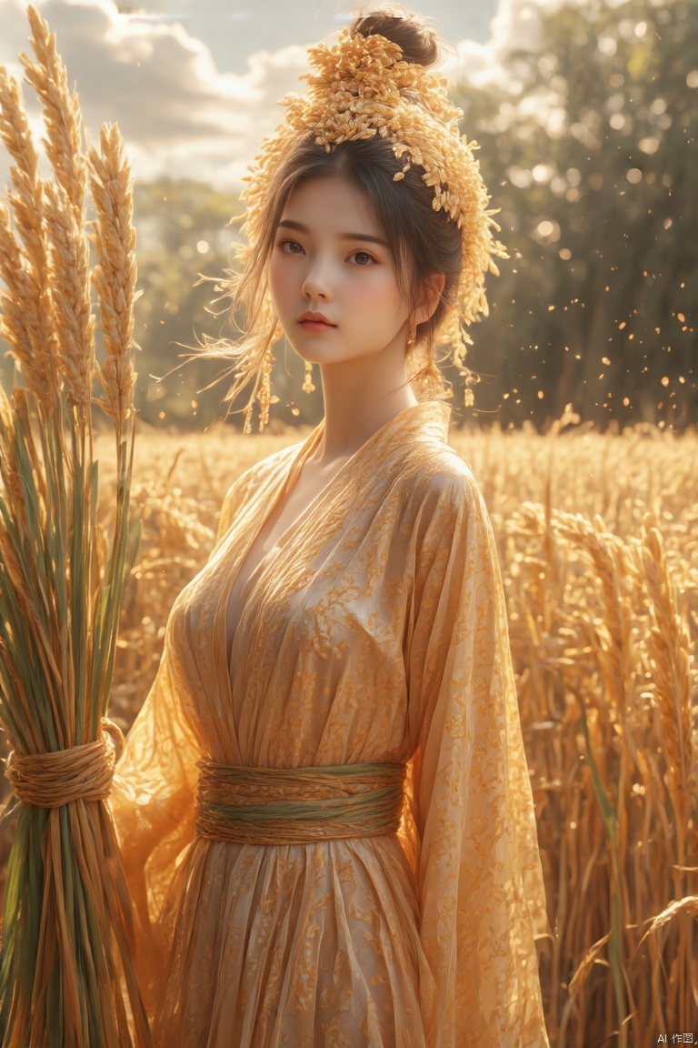 Masterpiece, best quality, ultra-detailed photography of a girl dressed in a rice grain costume, standing in a golden rice field under a clear sky. The girl's outfit is intricately designed with rice grain patterns, reflecting the sunlight. She holds a bundle of ripe rice stalks, her expression serene and content. The background is filled with swaying rice plants, creating a harmonious and natural scene. The lighting is soft and warm, highlighting the texture of the rice grains and the girl's delicate features. The composition frames the girl amidst the rice field, capturing the essence of the harvest season.
