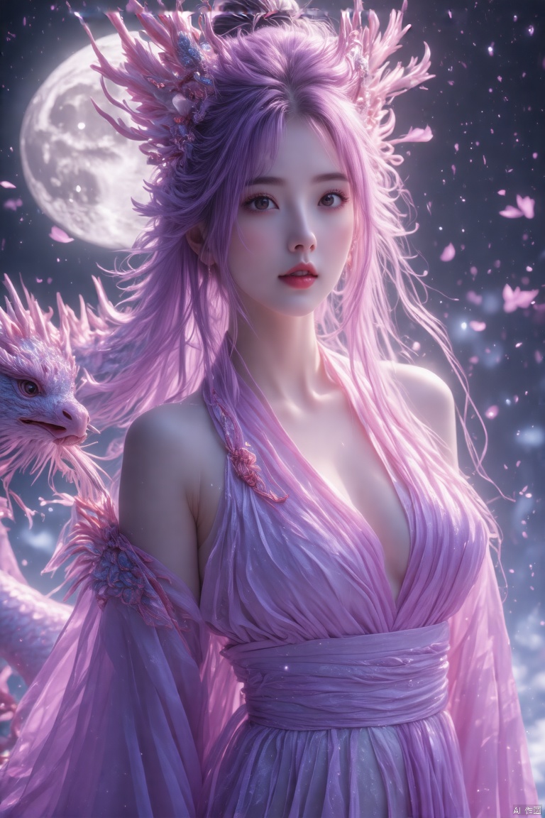 Masterpiece, best quality, ultra-detailed photography of a beautiful girl with slanted phoenix eyes, snow-white Luo Shang glowing under moonlight, tightly tied body showcasing exquisite lines and slender legs peeking from under her skirt. Long pink-purple hair flows like a waterfall, pink neck exposed, spring mountain brows, big black eyes shining, arched nose, seductive red lips with a beauty mark, dimples on cheeks. Fair skin radiates youthful vitality, unparalleled figure with slender waist and丰满breasts. HD, 32k, 8k, super clean, xihua.