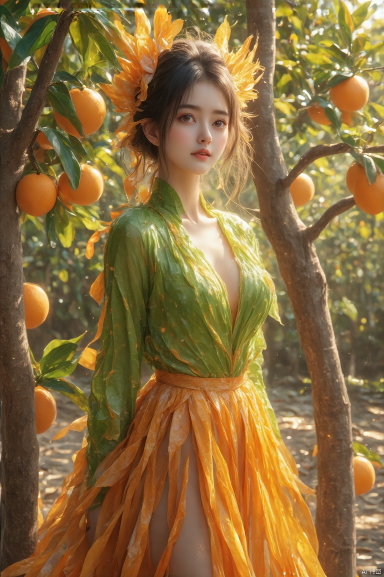 Masterpiece, best quality, ultra-detailed photography of a girl transformed into an orange spirit, wearing a skirt made of orange peel and a top crafted from green oranges. The girl stands in a lush orchard, surrounded by orange trees heavy with ripe fruit. Her orange peel skirt is intricately detailed, with each segment of the peel visible, while her green orange top showcases the fresh, vibrant color of the fruit. The lighting is natural, with soft sunlight filtering through the leaves, casting dappled shadows on her outfit. Her expression is playful and mischievous, with a hint of magic in her eyes. The composition captures the girl amidst the orange trees, blending seamlessly with the natural environment.
