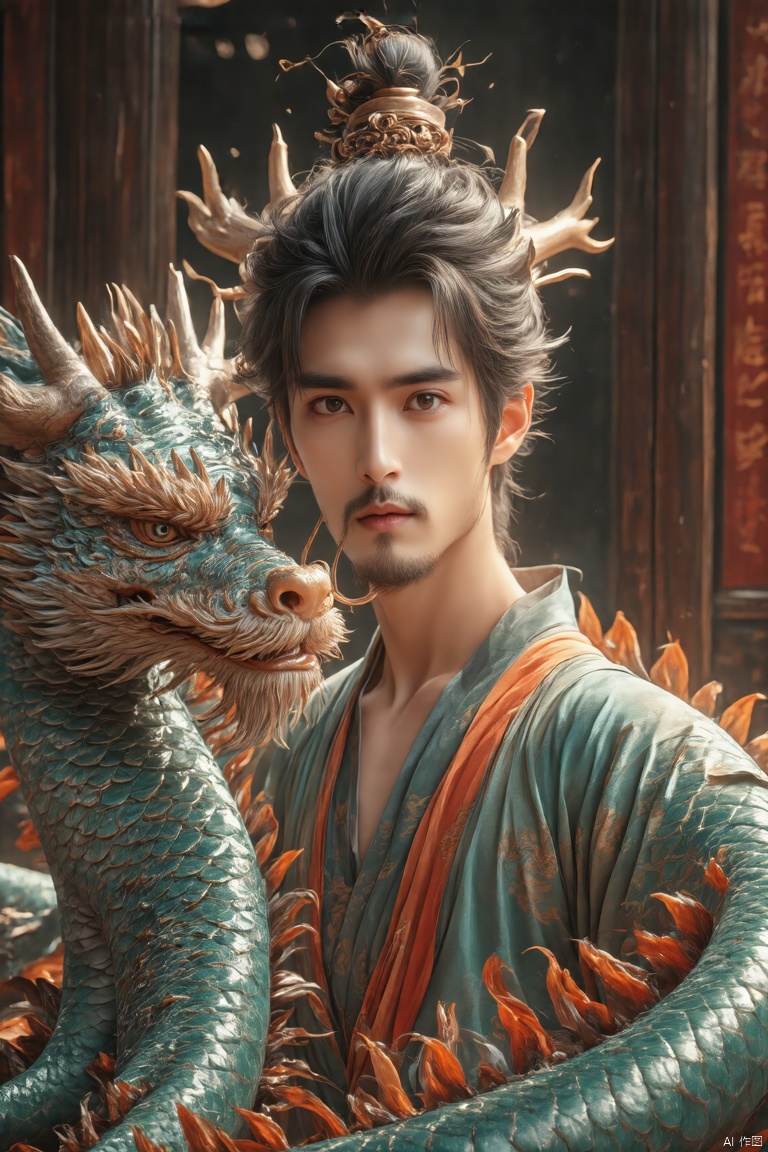 Masterpiece, best quality, ultra-detailed, detailed pupils, photography, pale, high quality, top CG rendering, highest quality, ultra-clear, ultra-detailed, New Chinese Art style. A highly detailed painting of a man in front of a dragon, showcasing intricate details and ultra-high resolutions. The scene is captured in 8K resolutions, with an 8k Wallpapers aesthetic, featuring a good figure and HD, 32k quality. The artwork is super clean, with Official Art and Extremely Detailed CG, perfect for 8k displays.