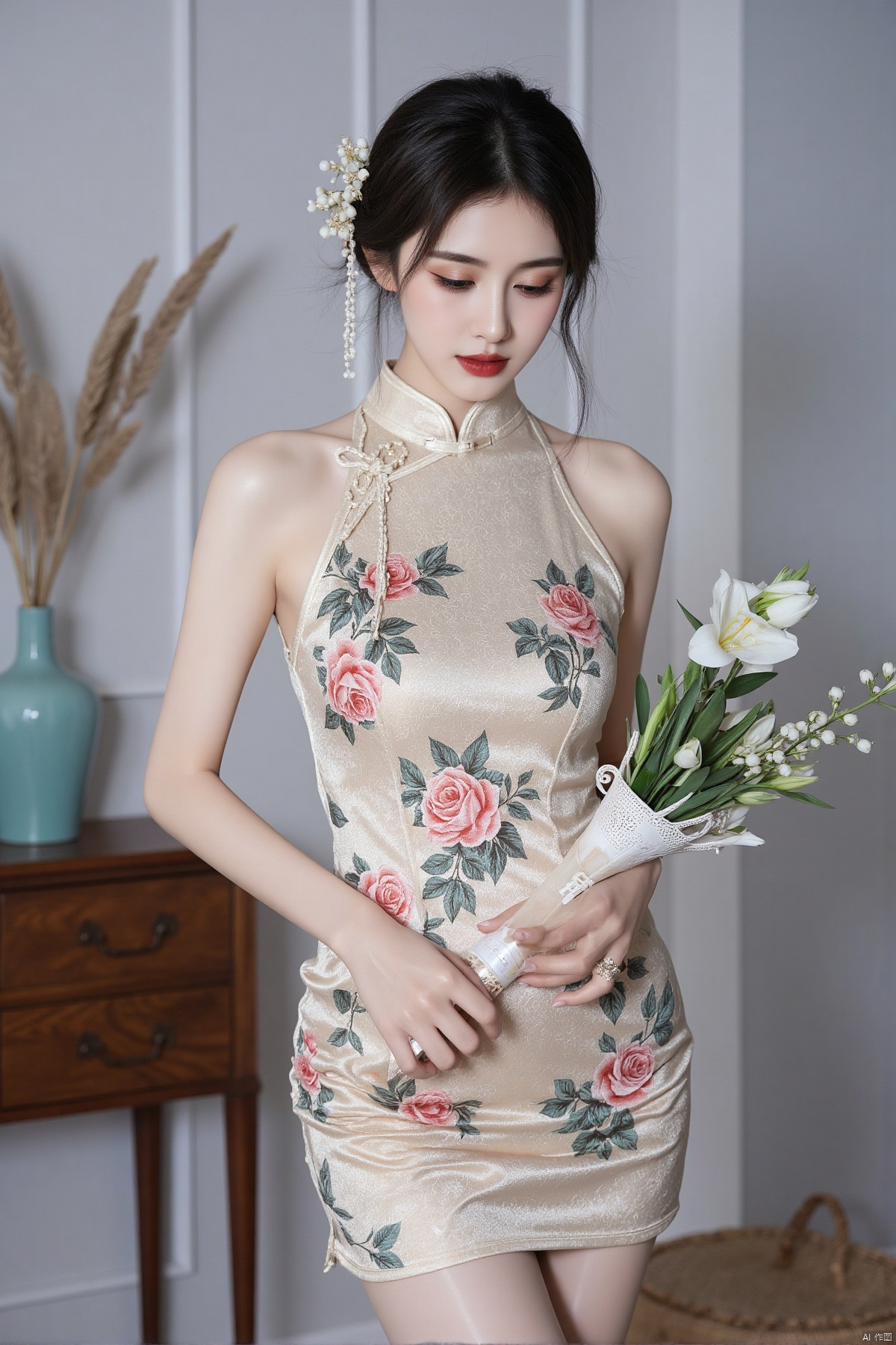 cheongsam,beauty girl,The suit leaked big snow-white breasts,masterpiece,oval face,print_cheongsam,zhanghanyun,shiny pantyhose