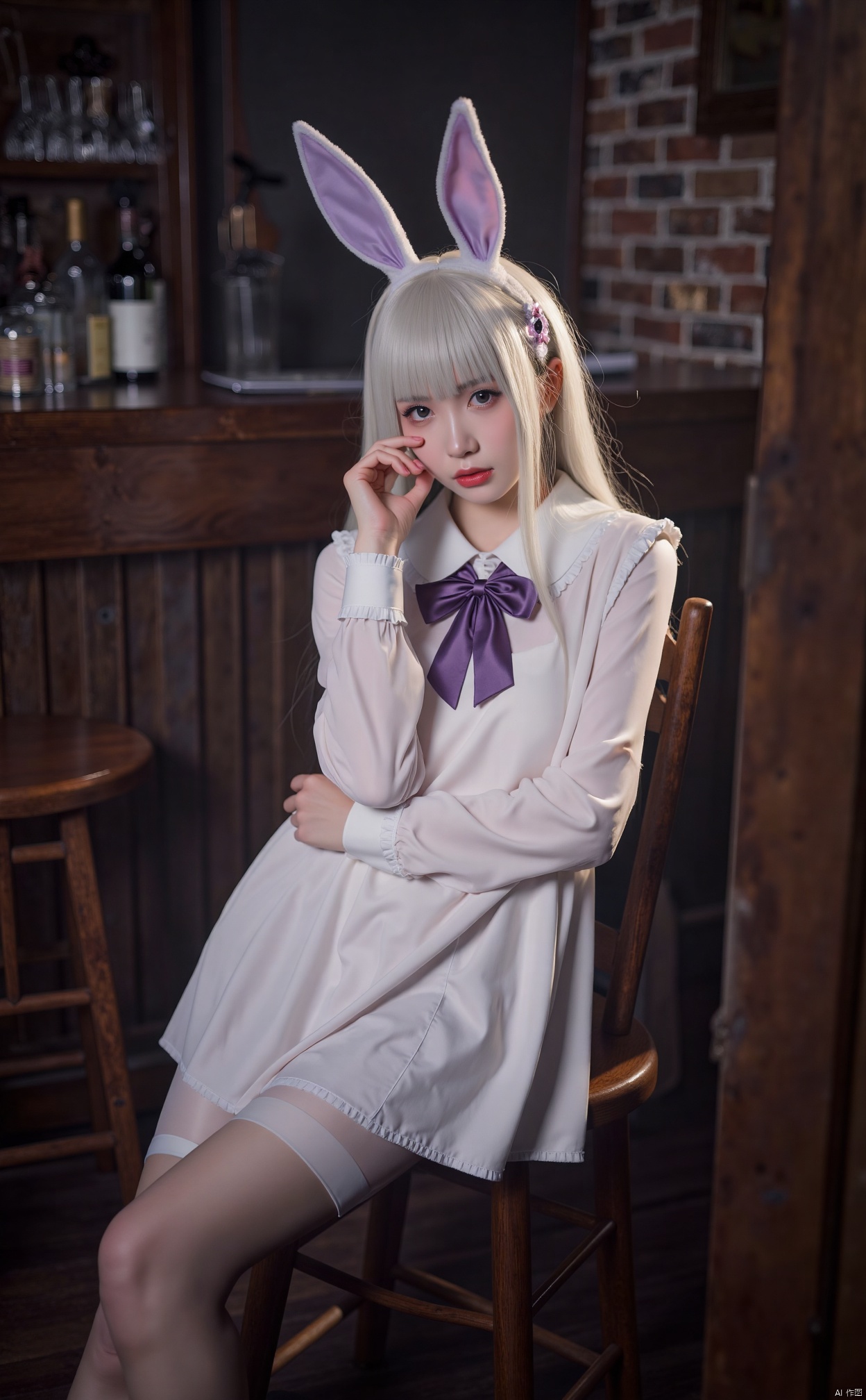 The image is a portrait of a young woman with long white hair and blue eyes. She is wearing a white dress with a purple bow on the neckline and a pair of purple bunny ears on her head. The bunny ears are tied in a bow at the back of her head and she is sitting on a wooden chair with her legs crossed. She has a serious expression on her face and is looking directly at the camera. The background is blurred, but it appears to be a dimly lit room with a brick wall and a bar counter.