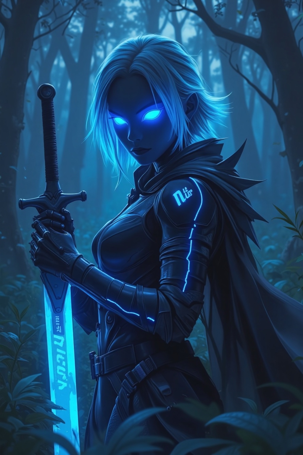 girl(Neon Blade Warrior),  cyber-fantasy knight in dark armor with neon lines,  sharp eyes glowing in vibrant electric blu...