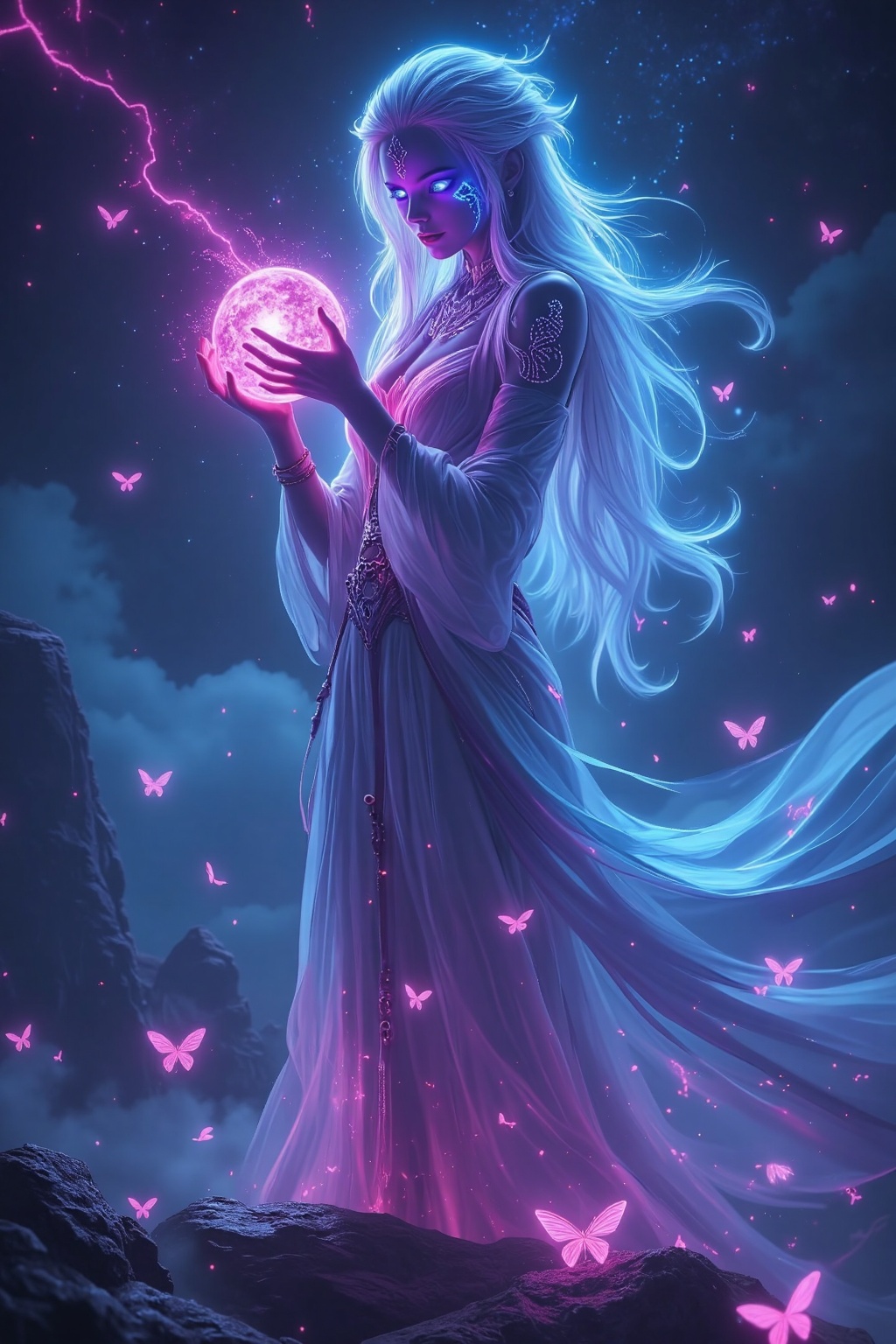 Girl(Celestial Neon Priestess),  long,  flowing white hair with neon pink and blue tips on Tensor.Art