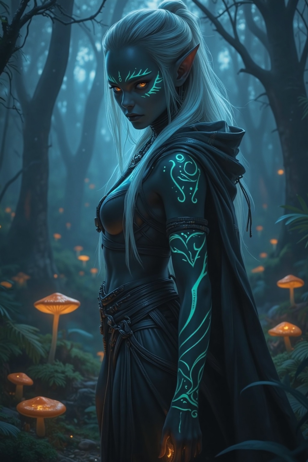 girl(Neon Dark Elf),  deep and dark fantasy style mixed with glowing neon tattoos,  intricate tribal patterns glowing in s...