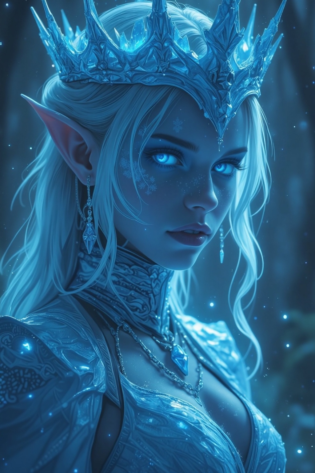 Girl(Neon Ice Queen),  piercing,  glowing blue eyes on Tensor.Art
