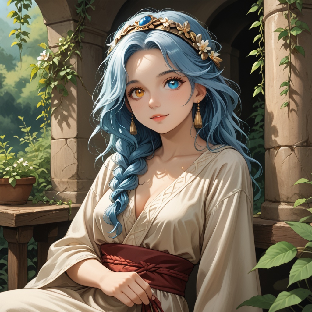 A captivating portrait of a single girl with an otherworldly gaze. She sits comfortably on a worn wooden bench,  surrounde...