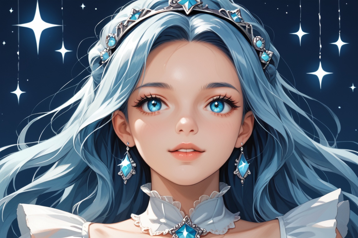 A celestial portrait: A person's eyes shimmering like diamonds against a dark blue background,  surrounded by twinkling st...