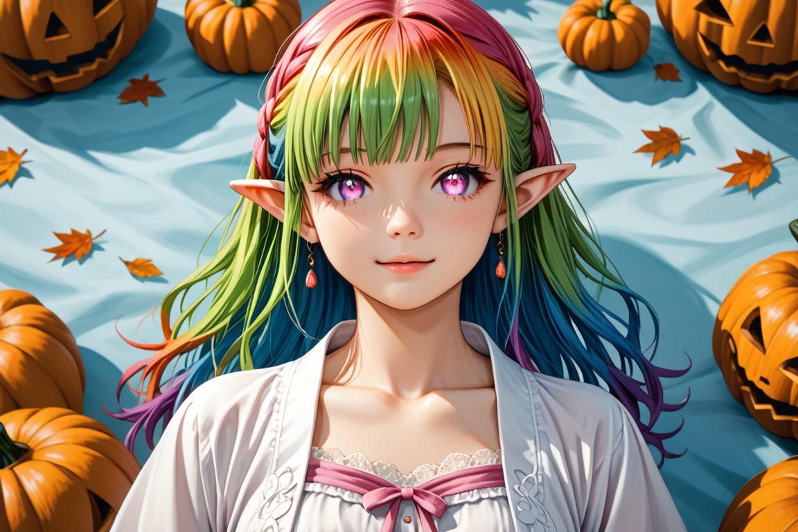 a girl holding a pumpkin in front of her face,  gradient glowing eyes,  rainbow hair on Tensor.Art