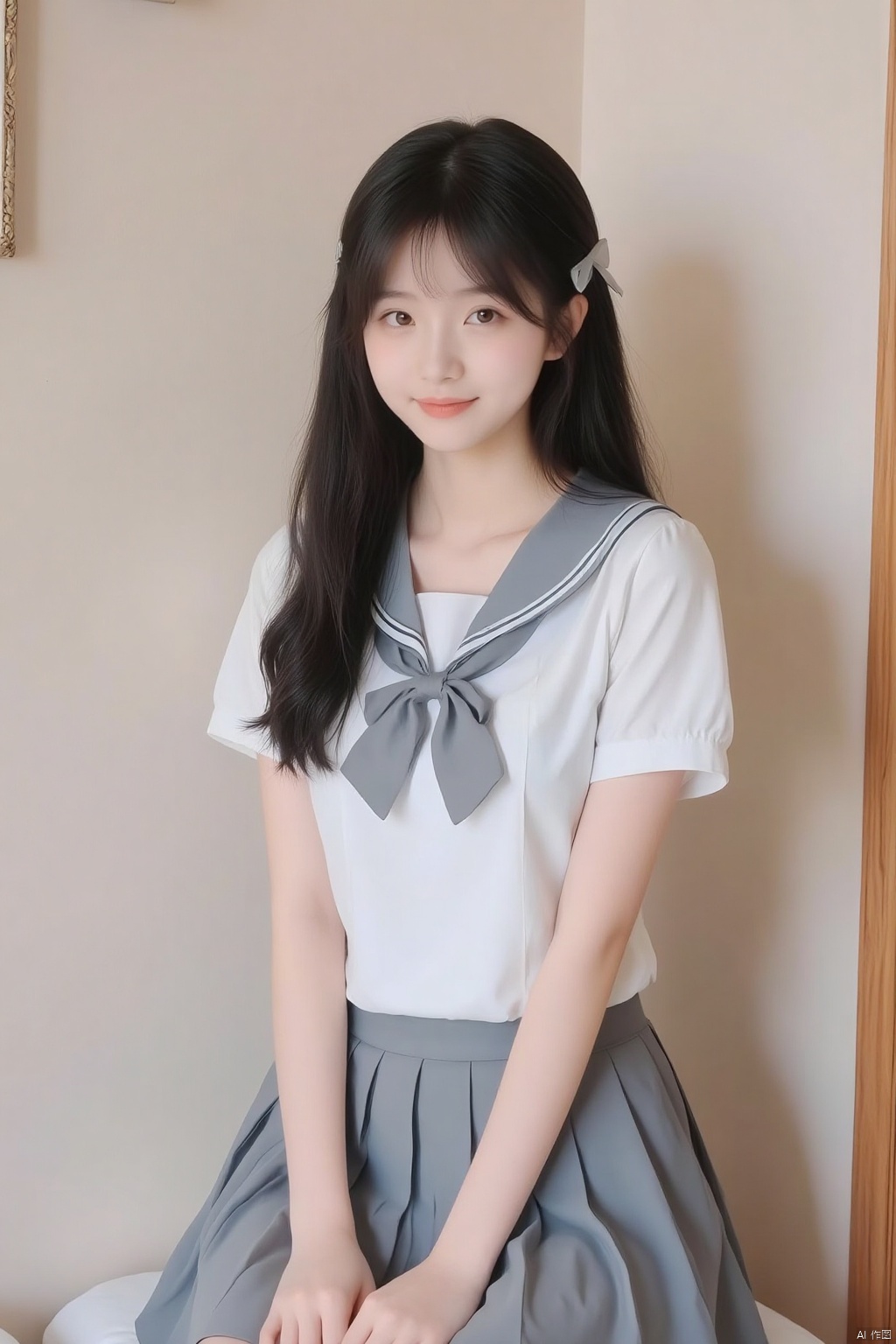 1girl, solo, long hair, looking at viewer, smile, bangs, skirt, shirt, black hair, hair ornament, bow, sitting, closed mouth, school uniform, white shirt, short sleeves, pleated skirt, serafuku, indoors, bowtie, sailor collar, lips, grey skirt, realistic, wall, grey sailor collar