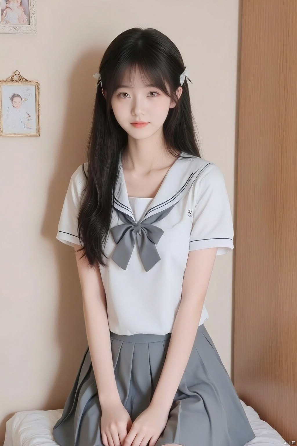 1girl, solo, long hair, looking at viewer, smile, bangs, skirt, shirt, black hair, hair ornament, bow, sitting, closed mouth, school uniform, white shirt, short sleeves, pleated skirt, serafuku, indoors, bowtie, sailor collar, lips, grey skirt, realistic, wall, grey sailor collar