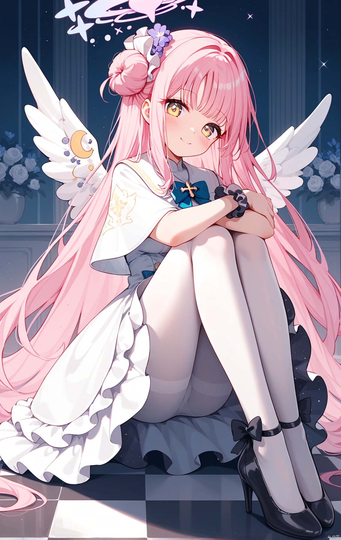 (score_9,score_8_up,score_7_up), (masterpiece),( beautiful),(high quality),(finely detailed),extremely detailed CG unity 8k wallpaper,best quality,1girl, solo, long hair, looking at viewer, blush, smile, bangs, hair ornament, dress, bow, sitting, very long hair, closed mouth, yellow eyes, pink hair, flower, pantyhose, frills, wings, indoors, hair flower, hair bun, black footwear, white dress, high heels, head tilt, capelet, halo, blue bow, scrunchie, frilled dress, feathered wings, knees up, white pantyhose, angel wings, on floor, white wings, hugging own legs, single side bun, low wings, wrist scrunchie, tile floor, checkered floor, white capelet, pumps, mika \(blue archive\),mikaBA, chair