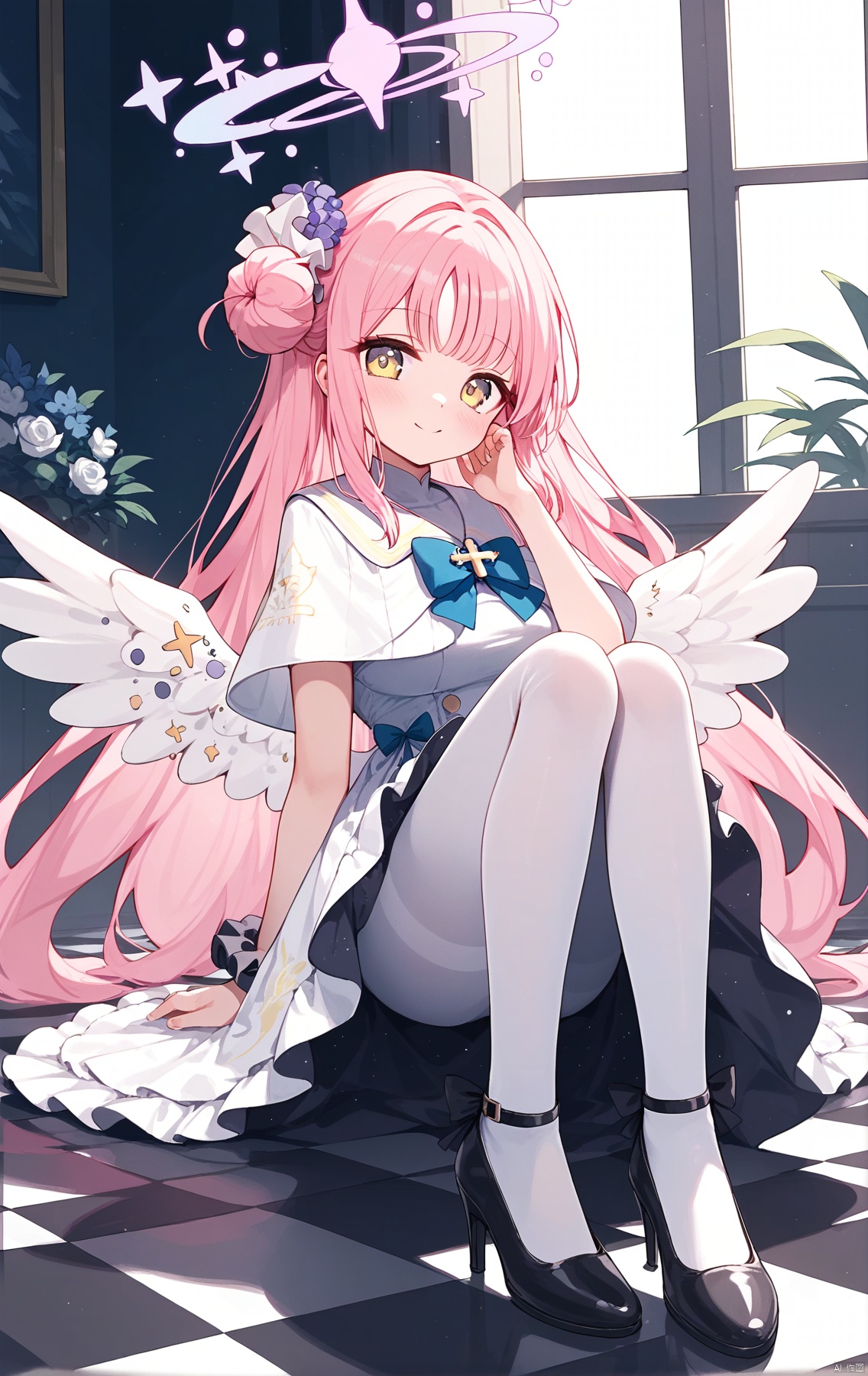 (score_9,score_8_up,score_7_up), (masterpiece),( beautiful),(high quality),(finely detailed),extremely detailed CG unity 8k wallpaper,best quality,1girl, solo, long hair, looking at viewer, blush, smile, bangs, hair ornament, dress, bow, sitting, very long hair, closed mouth, yellow eyes, pink hair, flower, pantyhose, frills, wings, indoors, hair flower, hair bun, black footwear, white dress, high heels, head tilt, capelet, halo, blue bow, scrunchie, frilled dress, feathered wings, knees up, white pantyhose, angel wings, on floor, white wings, single side bun, low wings, wrist scrunchie, tile floor, checkered floor, white capelet, pumps, mika \(blue archive\),mikaBA, chair
