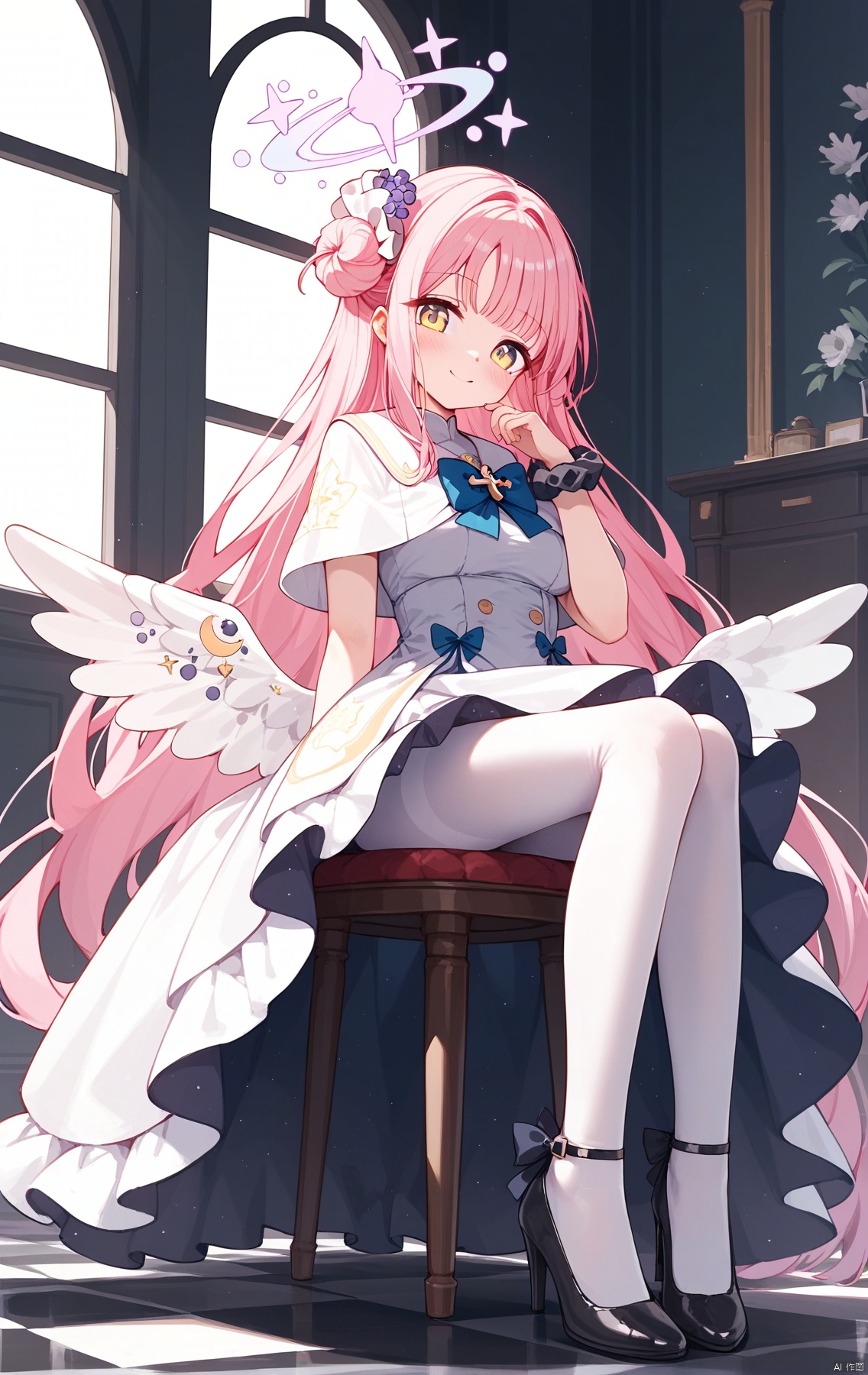 (score_9,score_8_up,score_7_up), (masterpiece),( beautiful),(high quality),(finely detailed),extremely detailed CG unity 8k wallpaper,best quality,1girl, solo, long hair, looking at viewer, blush, smile, bangs, hair ornament, dress, bow, sitting, very long hair, closed mouth, yellow eyes, pink hair, flower, pantyhose, frills, wings, indoors, hair flower, hair bun, black footwear, white dress, high heels, head tilt, capelet, halo, blue bow, scrunchie, frilled dress, feathered wings, white pantyhose, angel wings, white wings, single side bun, low wings, wrist scrunchie, tile floor, checkered floor, white capelet, pumps, mika \(blue archive\),mikaBA, on chair, siiting on chair