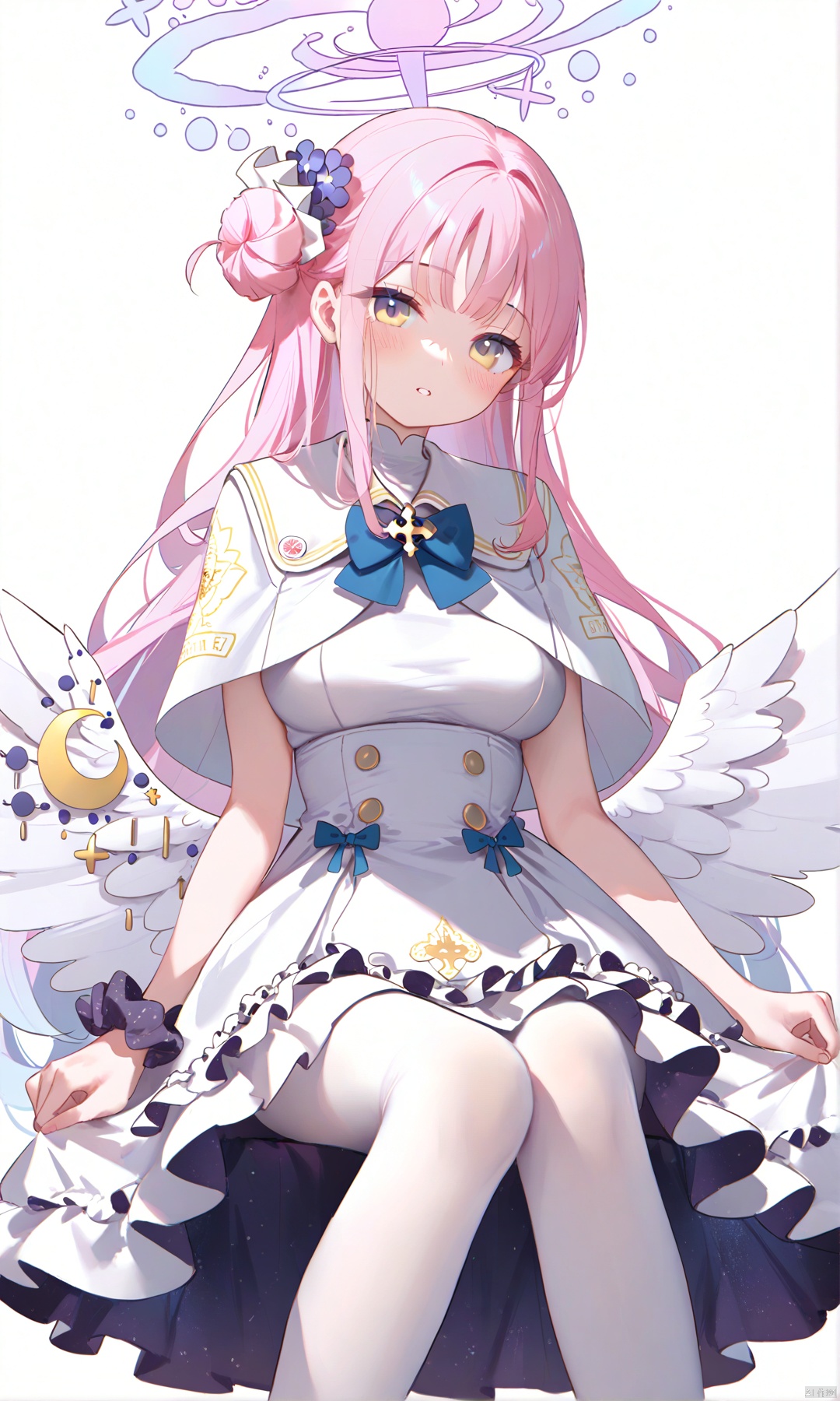 masterpiece,best quality,high quality,(colorful),[Artist miwano rag],[Artist toosaka asagi],[Artist wlop],[Artist chen bin],Artist omone hokoma agm, 1girl, solo, long hair, breasts, looking at viewer, blush, bangs, hair ornament, dress, bow, medium breasts, sitting, yellow eyes, pink hair, flower, pantyhose, frills, parted lips, wings, hair flower, bowtie, hair bun, white dress, head tilt, capelet, feet out of frame, halo, blue bow, scrunchie, frilled dress, feathered wings, white pantyhose, angel wings, skirt hold, white wings, blue bowtie, single side bun, low wings, wrist scrunchie, white capelet, lift by self,mika \(blue archive\),mikaBA