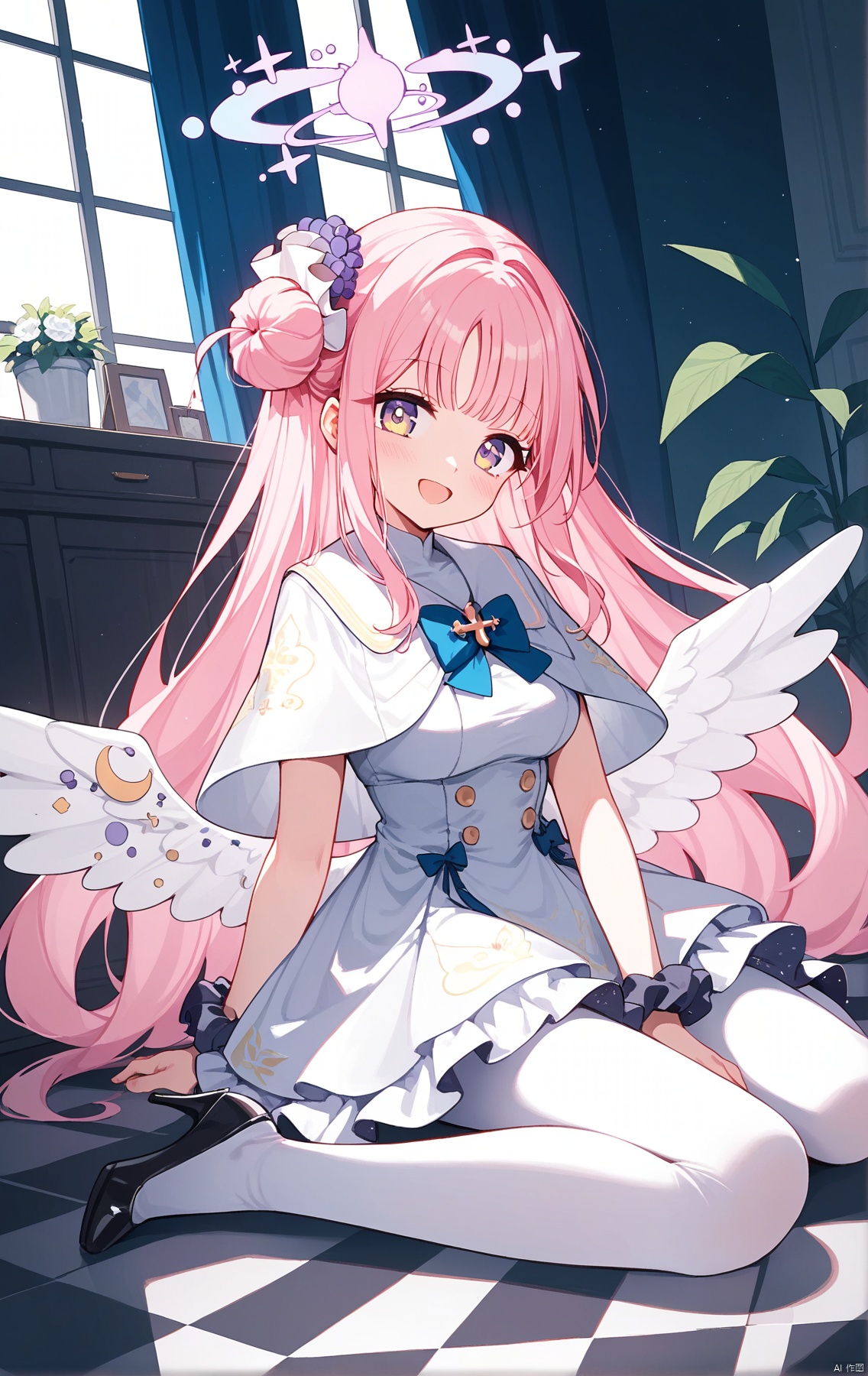 (score_9,score_8_up,score_7_up), (masterpiece),( beautiful),(high quality),(finely detailed),extremely detailed CG unity 8k wallpaper,best quality,1girl, solo, long hair, looking at viewer, blush, smile, bangs, hair ornament, dress, bow, sitting, very long hair,  >_<, cloesd eyes, open mouth, pink hair, flower, pantyhose, frills, wings, indoors, hair flower, hair bun, black footwear, white dress, high heels, head tilt, capelet, halo, blue bow, scrunchie, frilled dress, feathered wings, white pantyhose, angel wings, white wings, single side bun, low wings, wrist scrunchie, tile floor, checkered floor, white capelet, pumps, mika \(blue archive\),mikaBA, on chair, sitting on chair, v,