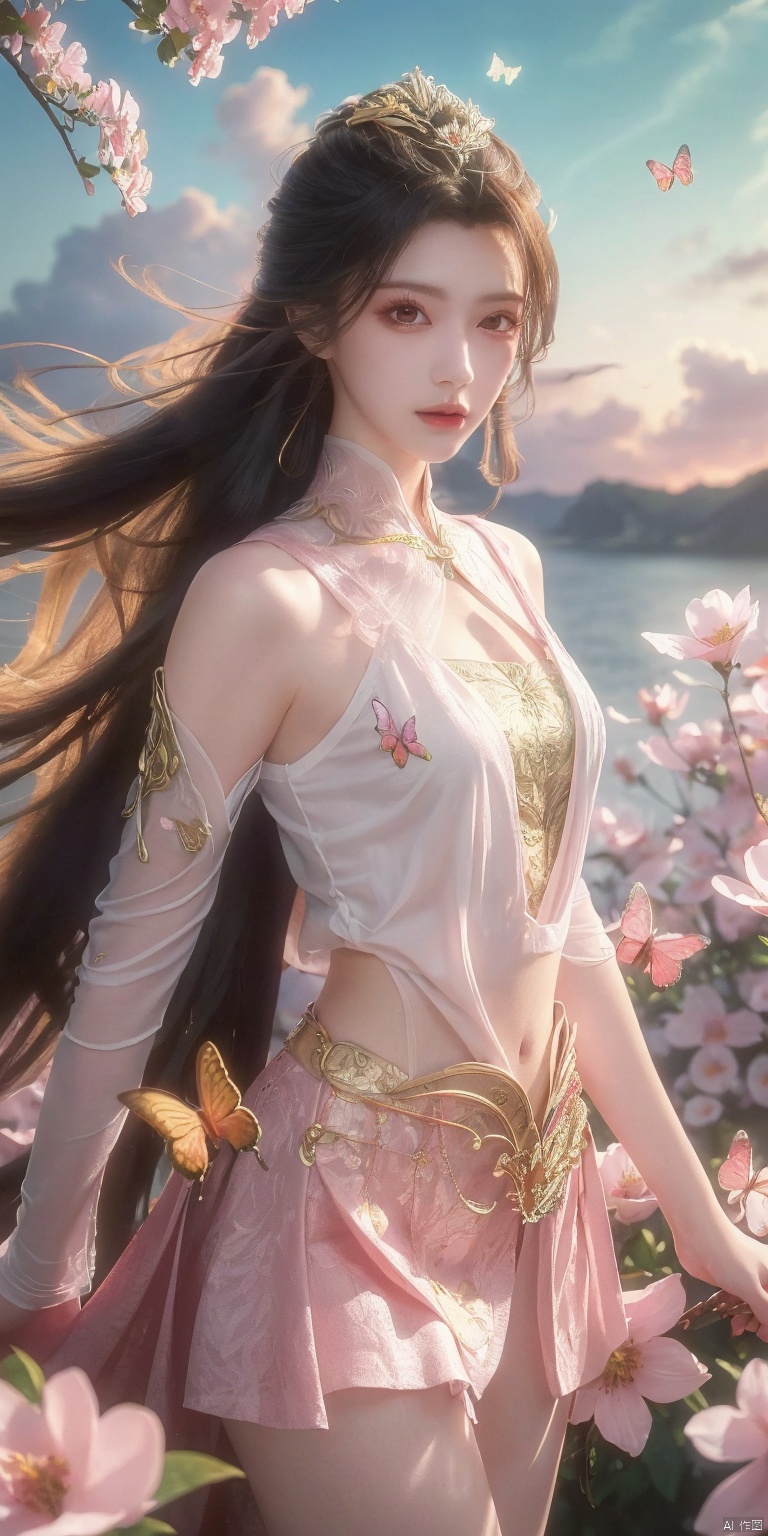 (masterpiece, best quality, ultra-detailed, highres, best illustration),1girl,solo,cowboy shot,looking_at_viewer,
side lighting,lustrous skin,(shine),(shiny skin, cetlic elements, norse heritage),ray tracing,wind swept hair,detailed hair,detailed face,depth_of_field,very detailed background,extreme light and shadow,(detailed eyes),perfect anatomy,,dynamic angle,1girl,((sea of pink flowers,with butterflies everywhere.,fluttering butterflies in the sky,colorful auspicious clouds,)),
Short top,ultra short skirt ,zhaoliner