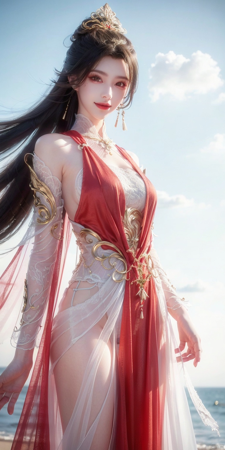 best quality, masterpiece, realistic,cowboy short,(Good structure), DSLR Quality,Depth of field,kind smile,looking_at_viewer,Dynamic pose, , Blue sky and white clouds on the beach,Masterpiece, (ultra wide angle lens: 1.2), Unity8k wallpaper, best quality, (detail shadow: 1.1), a beautiful girl, on a sea of light blue silk, translucent silk, floating light blue silk, surrealist style, minimalism, highly detailed texture, light blue, white clean background, CG rendering, light passing through clouds, 8k resolution, (motion photo: 1.2), (Fidelity: 1.4), original photos, movie lighting, 1girl,, , ,kind smile, red dress, ,zhaoliner