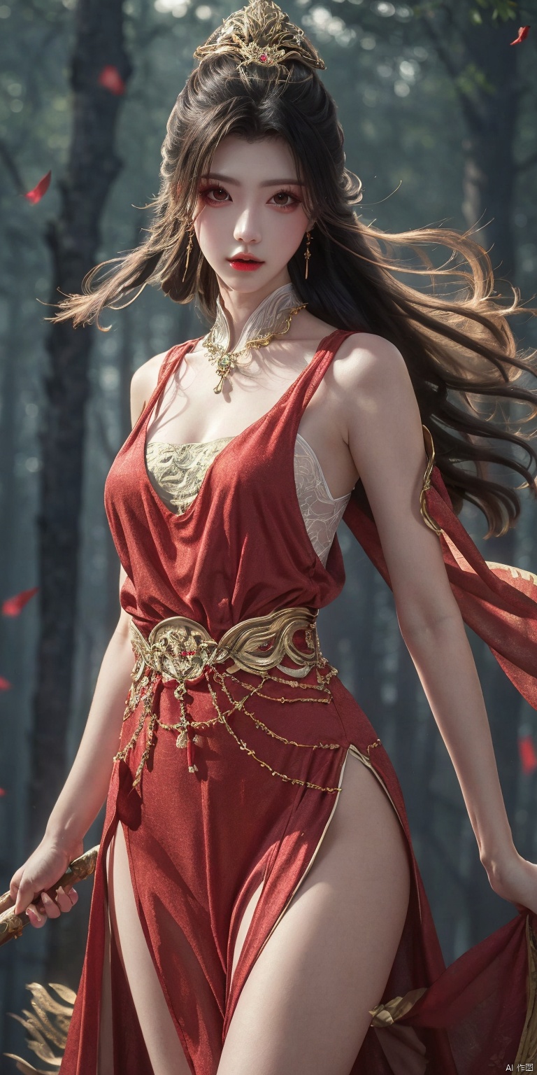 best quality, masterpiece, realistic,,(Good structure), DSLR Quality,Depth of field,,looking_at_viewer,Dynamic pose, 
zhaoliner, 1girl, dress, red dress, solo, jewelry, black hair, hair ornament, holding