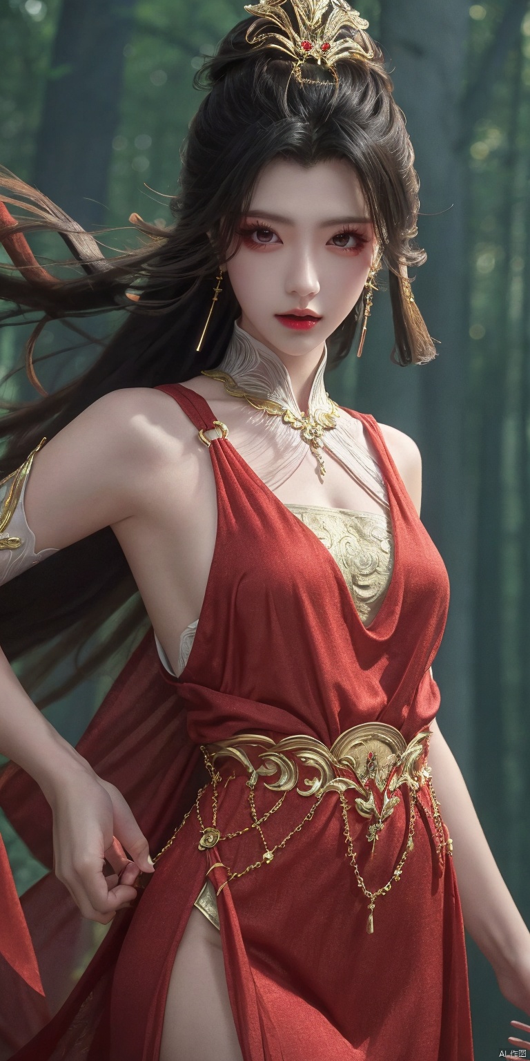 best quality, masterpiece, realistic,,(Good structure), DSLR Quality,Depth of field,,looking_at_viewer,Dynamic pose, 
zhaoliner, 1girl, dress, red dress, solo, jewelry, black hair, hair ornament, holding