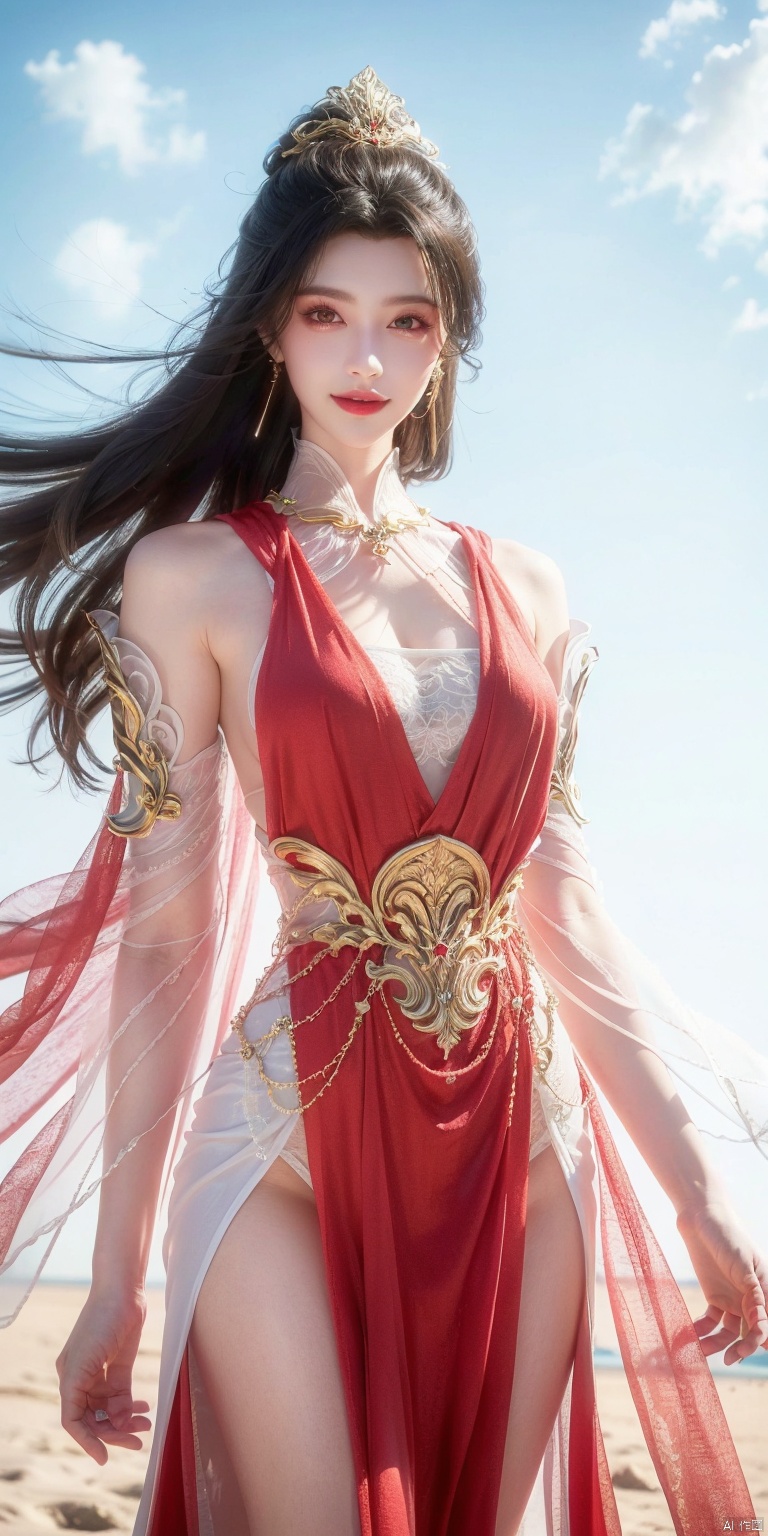 best quality, masterpiece, realistic,cowboy short,(Good structure), DSLR Quality,Depth of field,kind smile,looking_at_viewer,Dynamic pose, , Blue sky and white clouds on the beach,Masterpiece, (ultra wide angle lens: 1.2), Unity8k wallpaper, best quality, (detail shadow: 1.1), a beautiful girl, on a sea of light blue silk, translucent silk, floating light blue silk, surrealist style, minimalism, highly detailed texture, light blue, white clean background, CG rendering, light passing through clouds, 8k resolution, (motion photo: 1.2), (Fidelity: 1.4), original photos, movie lighting, 1girl,, , ,kind smile, red dress, ,zhaoliner