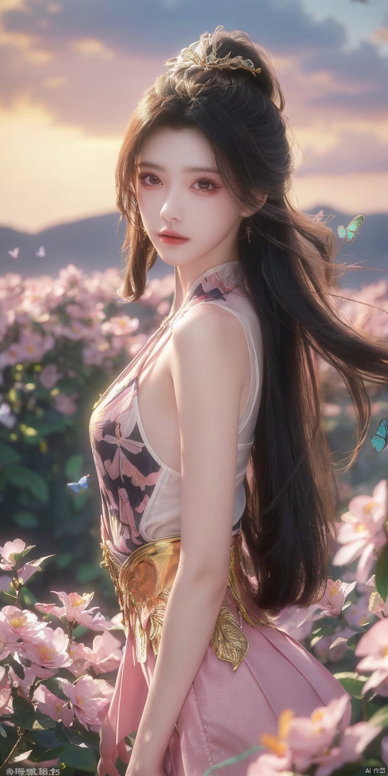 (masterpiece, best quality, ultra-detailed, highres, best illustration),1girl,solo,cowboy shot,looking_at_viewer,
side lighting,lustrous skin,(shine),(shiny skin, cetlic elements, norse heritage),ray tracing,wind swept hair,detailed hair,detailed face,depth_of_field,very detailed background,extreme light and shadow,(detailed eyes),perfect anatomy,,dynamic angle,1girl,((sea of pink flowers,with butterflies everywhere.,fluttering butterflies in the sky,colorful auspicious clouds,)),
Short top,ultra short skirt ,zhaoliner