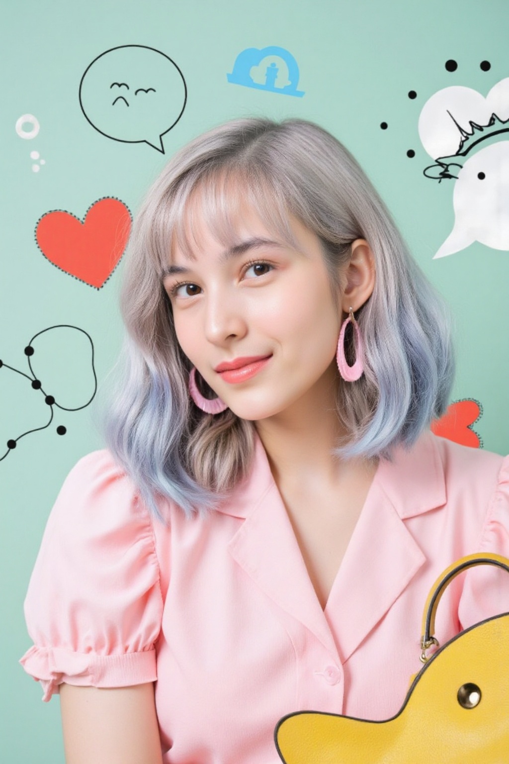 A playful,  colorful studio portrait with pop-art-inspired graphics. The girl has straight,  shoulder-length hair in a pas...