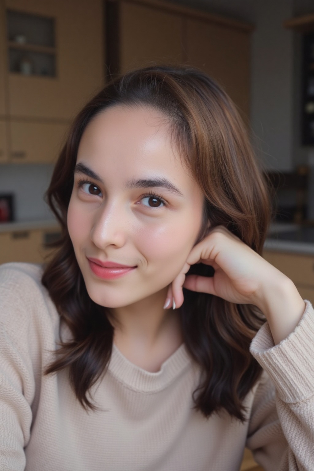 A girl chelsealan. She is looking at the viewer with bright and loving eyes. She is leaning forwardal. Close-up of face,...