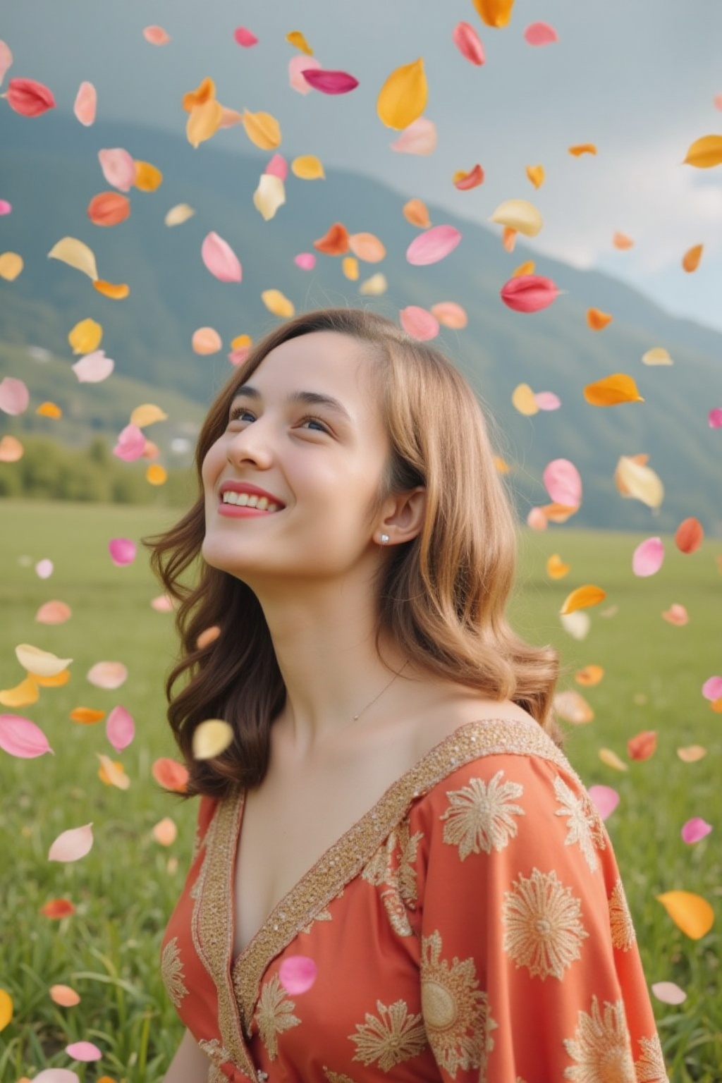 Scene description: Venus in Roman mythology stands on a grassy field covered with petals,  and colorful petals fall from t...