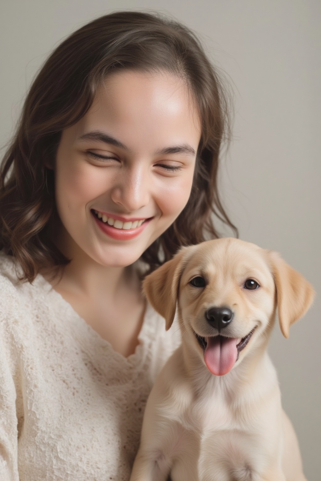 A portrait-style image,  capturing a moment of pure joy between a girl and her puppy. The girl,  with a warm on Tensor.Art