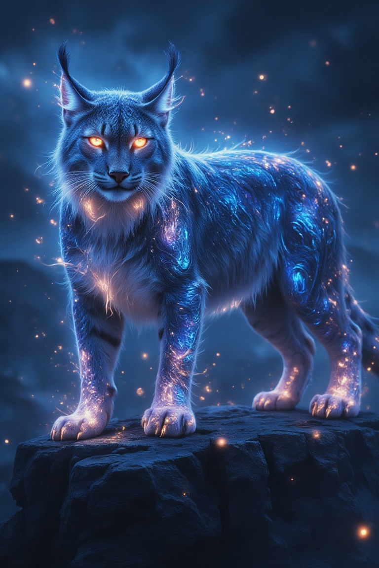 A majestic, magical lynx stands atop a rugged, misty cliff, its powerful form framed against a twilight sky. The lynx faces the viewer directly, its piercing eyes glowing with an intense, mystical light that radiates hues of deep sapphire and icy silver. Its fur glistens with an ethereal shimmer, streaked with hints of iridescent blue and violet, each strand glowing faintly as if woven with magic. Intricate, enchanted symbols faintly illuminate along its muscular frame, pulsing in rhythm with the energy that seems to flow from its being. Tiny, floating orbs of light dance around it, casting a soft, magical glow across the scene, while the lynx's powerful gaze holds a mesmerizing blend of wisdom and raw, untamed magic, as if peering directly into the viewer's soul.