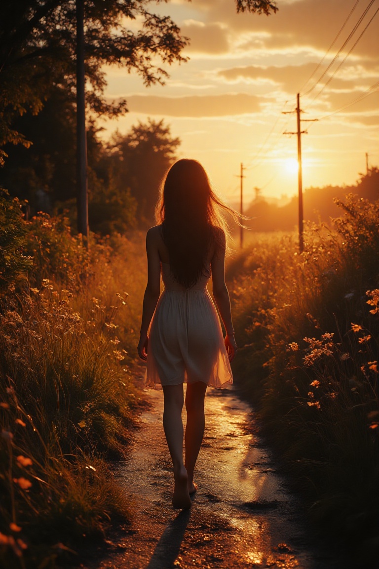 breathtaking Silhouette Art, long shot scenic professional photograph of a high-resolution anime-style photograph capturing a serene golden hour scene in a rural setting. The central subject is a young woman walking away from the camera, her silhouette backlit by the sun, casting a warm glow over her figure. She has a slender physique with long black hair that appears slightly tousled by the breeze. She wears a light-colored sleeveless dress that billows around her legs, suggesting a gentle wind.
The background features a narrow, sunlit path lined with tall grass and wildflowers, creating a natural, unkempt aesthetic. To the left of the path, dense foliage and tall grass frame the scene, while to the right, the path widens slightly, revealing a more open area with scattered trees and power lines. The sky is a mix of orange, yellow, and pale pink hues, with the sun positioned low in the sky, casting long shadows and creating a warm, welcoming atmosphere.
The overall mood of the image is tranquil and contemplative, with the sun's rays gently illuminating the scene and creating a sense of peace. The high resolution of the photograph allows for detailed observation of textures, such as the roughness of the grass and the smoothness of the path, enhancing the overall immersive experience.
   , perfect viewpoint, highly detailed, wide-angle lens, hyper realistic, with dramatic sky, polarizing filter, natural lighting, vivid colors, everything in sharp focus, HDR, UHD, 64K, high contrast, well defined, Silhouette Art . award-winning, professional, highly detailed