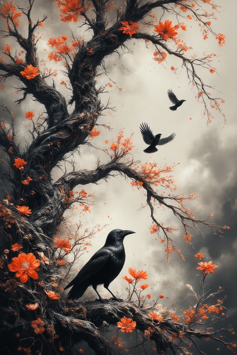 , aidmaMJ6.1, masterpiece, best quality, extremely detailed, highres, ultra detailed, beautiful scenery, landscape, atmospheric, tonalism, minimalism, photography, interesting new fantasy concept art, symphony of colors, color splashes, abstract, monochrome with small color details, oil painting, incredibly intricate details, ink splashes, storm, flowers, crows