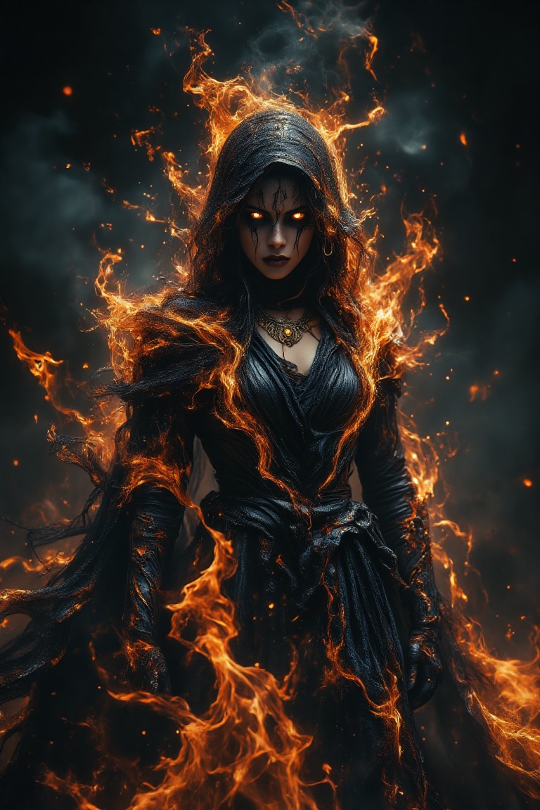 A female figure shrouded in black and gold mist stands surrounded by flames in the darkness. This mysterious being exudes an aura of danger and intrigue, with sharp features and captivating eyes. The cloak billows around her, adding to their mysterious presence. This image could be a stunning painting, rich in detail and vivid colors. Every aspect of the figure is meticulously crafted, from the swirling mist to the fiery backdrop, creating a truly captivating and high-quality piece of artwork.