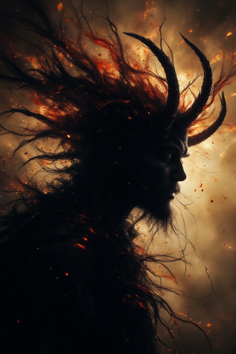 halloween,Nyarlathotep,profile of a mystery man,showed as dark silhouette,his background is demonic,his aura is a crawling chaos,