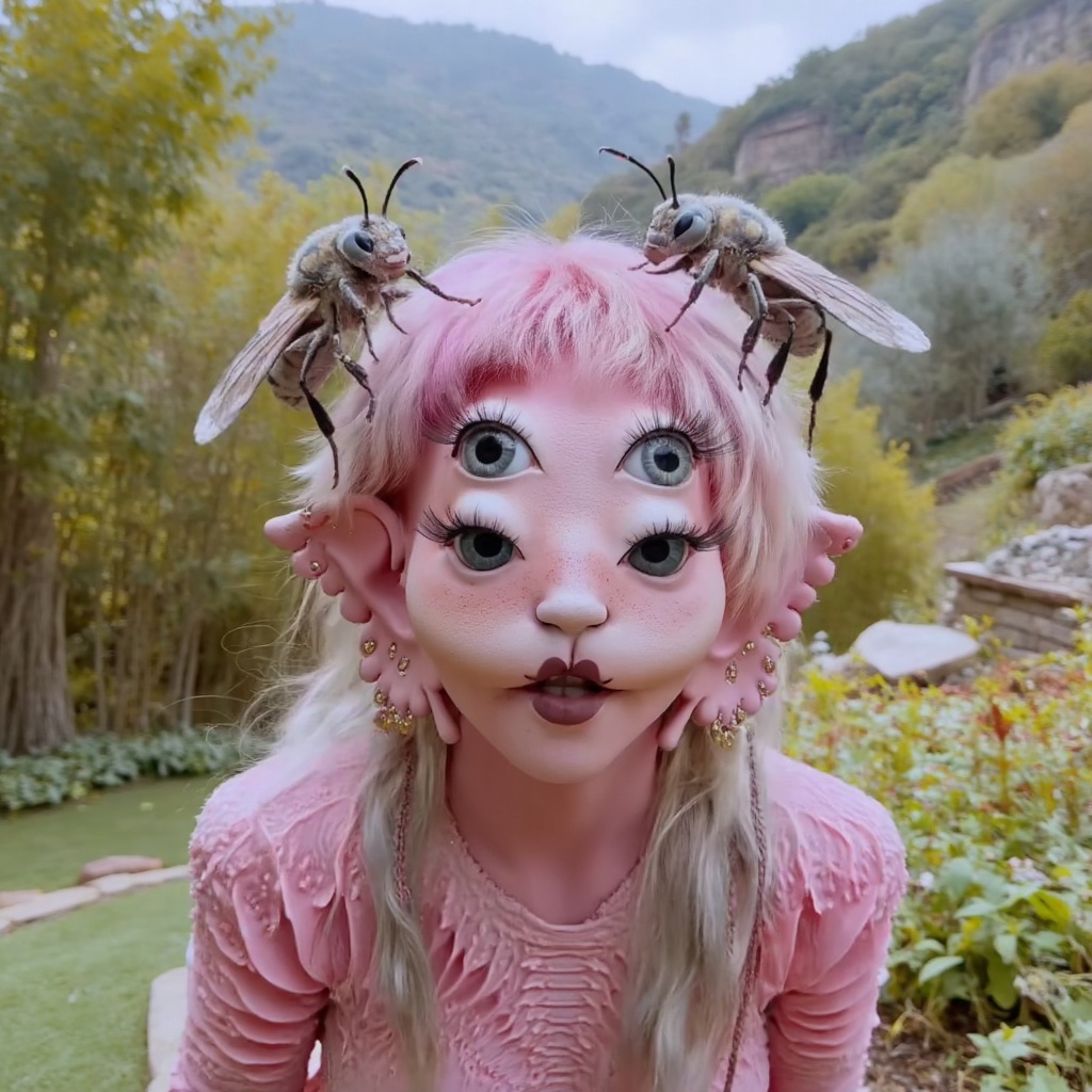 A whimsical wonderland unfolds as a girl with striking blue eyes and an unconventional hairstyle wanders through a fantast...