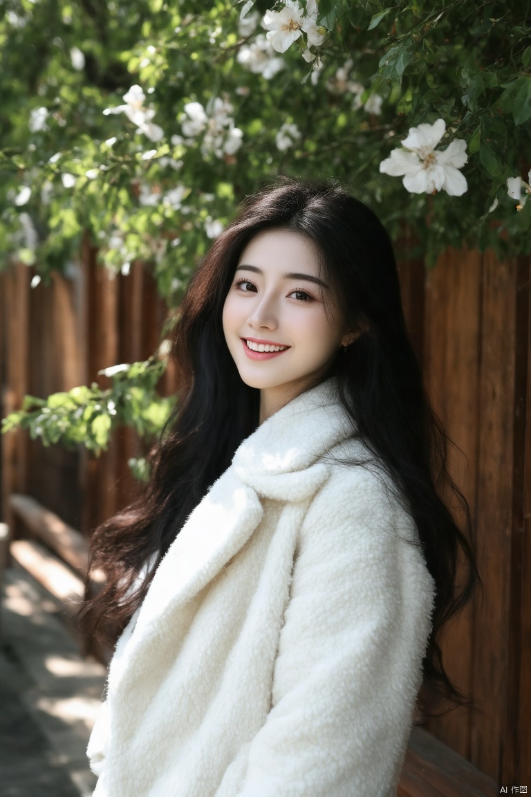 (best quality,4k,8k,highres,masterpiece:1.2),ultra-detailed,(realistic,photorealistic,photo-realistic:1.37),white fluffy coat,long dark hair,wooden background,sunny day outdoors,beautiful detailed eyes,beautiful detailed lips,extremely detailed eyes and face,long eyelashes,smiling gently,standing gracefully,soft sunlight,gentle breeze,green leaves,flowers in the background,calm and serene expression,flowing hair,relaxed posture,soft shadows,cozy atmosphere,warm colors,natural lighting,bokeh,sharp focus,physically-based rendering,extreme detail description,professional,vivid colors,summer vibe