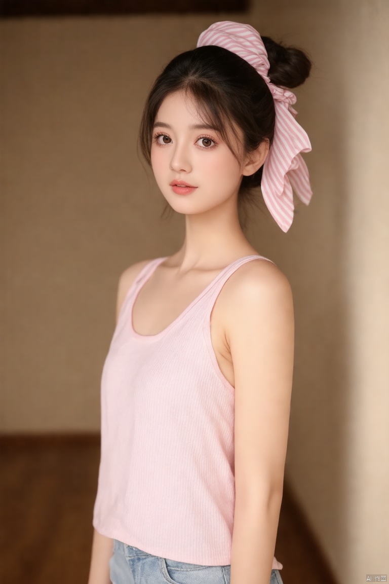 (best quality,4k,8k,highres,masterpiece:1.2),ultra-detailed,(realistic,photorealistic,photo-realistic:1.37),light pink sleeveless top,hair tied in bun,striped hair tie,wooden floor,beige wall,beautiful detailed eyes,beautiful detailed lips,extremely detailed eyes and face,long eyelashes,relaxed expression,standing pose,slim figure,natural lighting,soft shadows,cozy atmosphere,interior design,modern room,neutral tones,soft focus,shallow depth of field,subtle gradients,gentle highlights,smooth skin,HD,studio lighting,vivid colors,bokeh,portrait,photography