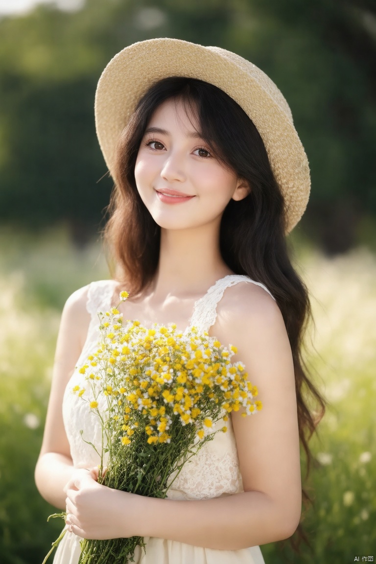 (person with straw hat,beige top,lace detail,long dark hair,beautiful detailed eyes,beautiful detailed lips,extremely detailed eyes and face,long eyelashes,smiling,standing in a sunlit meadow,holding a bouquet of wildflowers,soft sunlight,gentle breeze,blurred background,realistic,photorealistic:1.37,best quality,4k,8k,highres,masterpiece:1.2,ultra-detailed,HDR,UHD,studio lighting,ultra-fine painting,sharp focus,physically-based rendering,extreme detail description,professional,vivid colors,bokeh,summer vibe,warm tones,soft shadows,peaceful atmosphere)