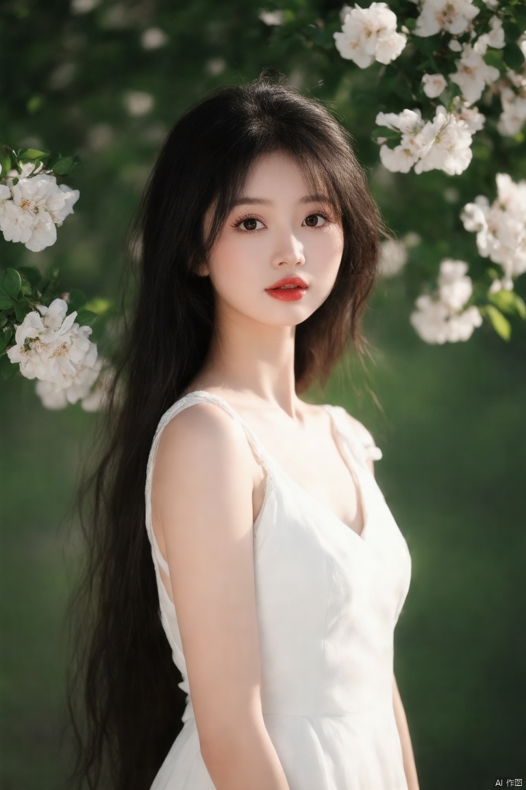 (a young Asian woman,white sleeveless dress,long black hair cascading over shoulders,deep black eyes,vibrant red lips,beautiful detailed eyes,beautiful detailed lips,extremely detailed eyes and face,long eyelashes,serene expression,standing pose,full body view,soft lighting,realistic skin texture,summer garden background,flowers in bloom,green foliage,gentle breeze,photorealistic,best quality,4k,8k,highres,masterpiece:1.2,ultra-detailed,realistic,photo-realistic:1.37,sharp focus,physically-based rendering,extreme detail description,professional,vivid colors,bokeh,delicate features,ethereal atmosphere,calm and peaceful,late afternoon light,subtle shadows,immaculate details,perfect composition)