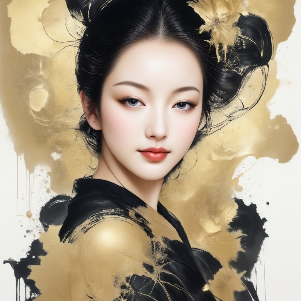 1 danceing girl face is photorealism ,  with (Goden / black) hair and a beautiful smile. (((Ink Playing))),  Realistic Por...