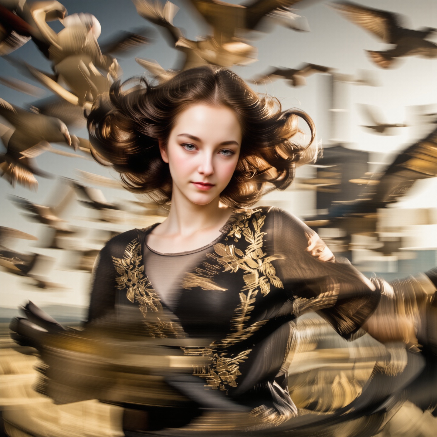Art style of Asa CHEN : Relative Perspective . A close-up captures a flock of blushing parrots flying in mid-air,  their f...